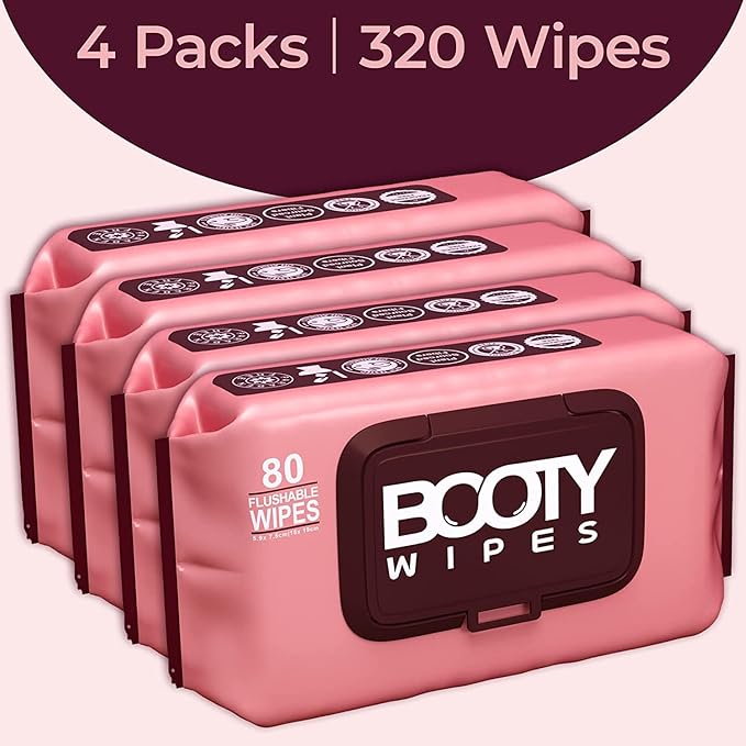 BOOTY WIPES Flushable Wipes Women - 320 Total Count (4 Packs of 80) Wet Wipes for Adults - pH Balanced Feminine Wipes with Aloe and Vitamin E - Gentle Cleansing Female Toilet Wipes for Sensitive Skin