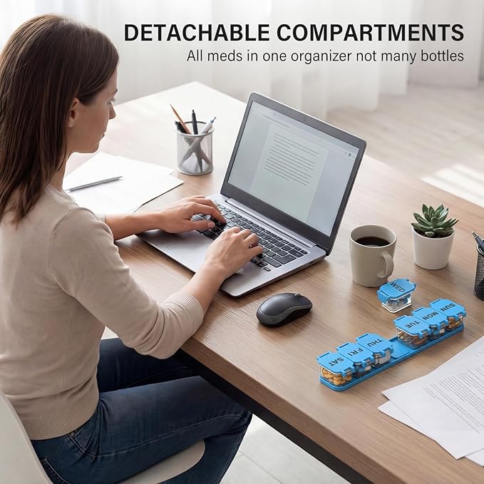 Extra Large Weekly Pill Organizer - Waterproof 7-Day Pill Box, Portable Vitamin & Supplement Case, Easy to Open Design, Ideal for Travel a nd Daily Medication Management (Blue)