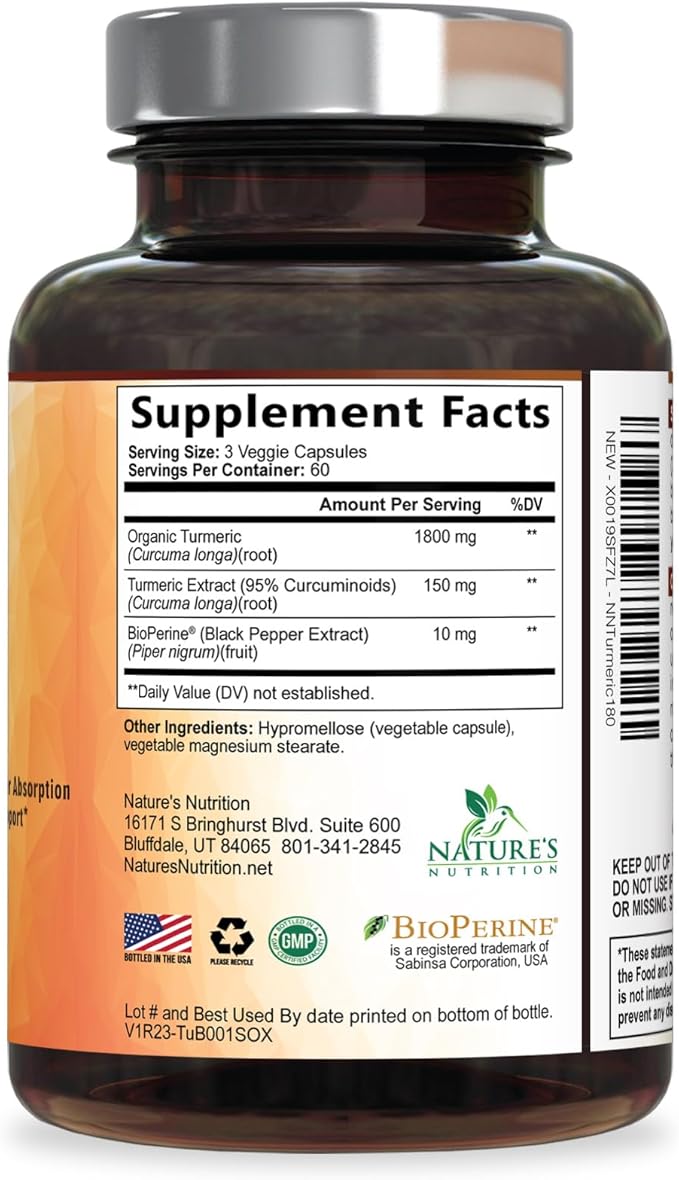 Turmeric Curcumin Supplement - 95% Curcuminoids with Organic Turmeric & BioPerine Black Pepper for Best Absorption - Daily Joint & Immune Health Support, Vegan, Non-GMO, Bottled in USA - 180 Capsules