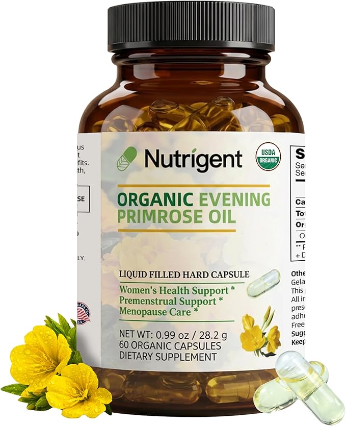 Organic Evening Primrose Oil Supplement, 940 mg 100% Pure with 10% GLA, High Absorption Liquid Organic Capsules, Promotes Women's Health & Skin Health, Cold Pressed, 60 Count