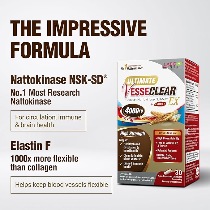 LABO Nutrition Ultimate VesseCLEAR EX Nattokinase NSK-SD 4000FU & Elastin F, Vessel Circulation & Brain Health Support, Japanese Supplement Shelf Stable Acid Resistant DRCaps Delayed Release x3