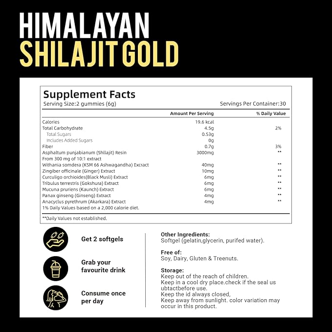 Pure Himalayan* Shilajit* Gummies, micronutrient Supplement, Himalayan Premium Ingredient with Shilajit, Ashwagandha, Gokshura, Fulvic Acid & 85+ Trace Minerals I for Men, Women (60 Gummies/1 Bag)