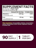 Iron Supplement for Women Men, High Potency Iron 65mg with Vitamin C 250mg, Stomach Friendly Iron Pills for Red Blood Cell & Immune Support, Vegan, Non-GMO & Gluten Free, 90 Tablets