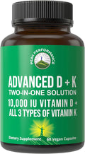 Peak Performance Advanced Vitamin D 10000 IU with All 3 Types of Vitamin K - 10,000 Vitamin D3 and Vitamin K2, K1, MK-7 (MK7), MK4 Capsules Supplement - 60 Small and Easy to Swallow Pills
