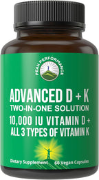 Peak Performance Advanced Vitamin D 10000 IU with All 3 Types of Vitamin K - 10,000 Vitamin D3 and Vitamin K2, K1, MK-7 (MK7), MK4 Capsules Supplement - 60 Small and Easy to Swallow Pills