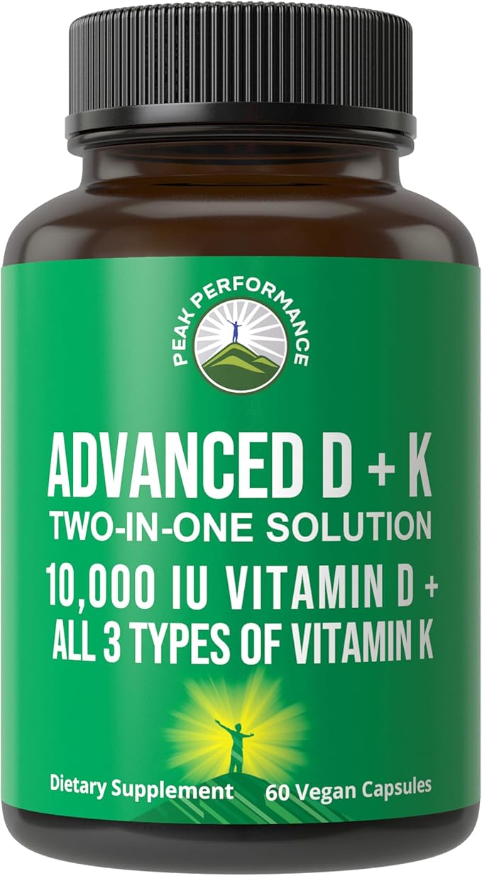 Peak Performance Advanced Vitamin D 10000 IU with All 3 Types of Vitamin K - 10,000 Vitamin D3 and Vitamin K2, K1, MK-7 (MK7), MK4 Capsules Supplement - 60 Small and Easy to Swallow Pills