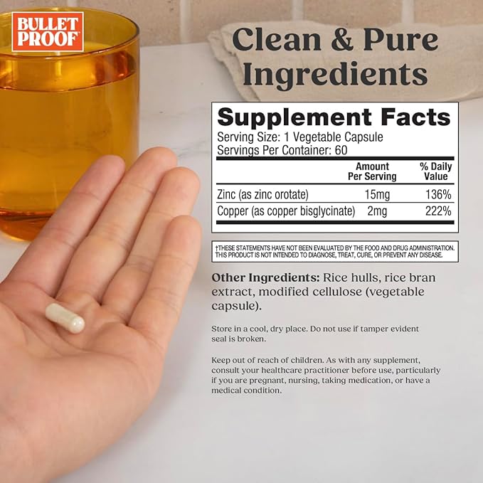 Bulletproof Zinc with Copper Capsules, 60 Count, Minerals and Antioxidant Supplement for Immunity and Mood
