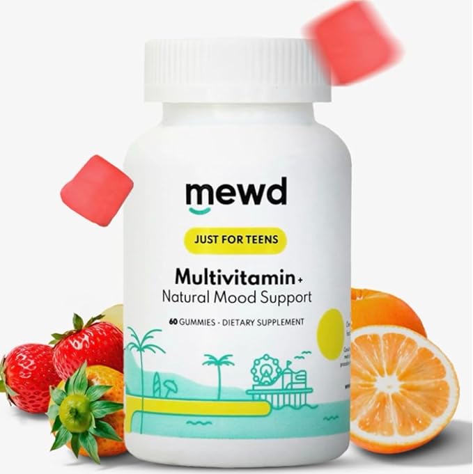 MEWD Teen and Kids Mood Support Multivitamin Gummies - Natural Focus & Calm with L-Theanine, Vitamins A, C, D3, B6, B9 & B12, Plus Zinc & Iron - Vegan Immune Booster, Gluten-Free Brain Health