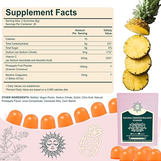 Premium Feminine Balance Gummies - Vaginal Probiotics for Women’s Health & Wellness - Immune Support PH Balance - Vegan, Gluten-Free - Hawaiian Pineapple - 60 Gummies - 30 Servings