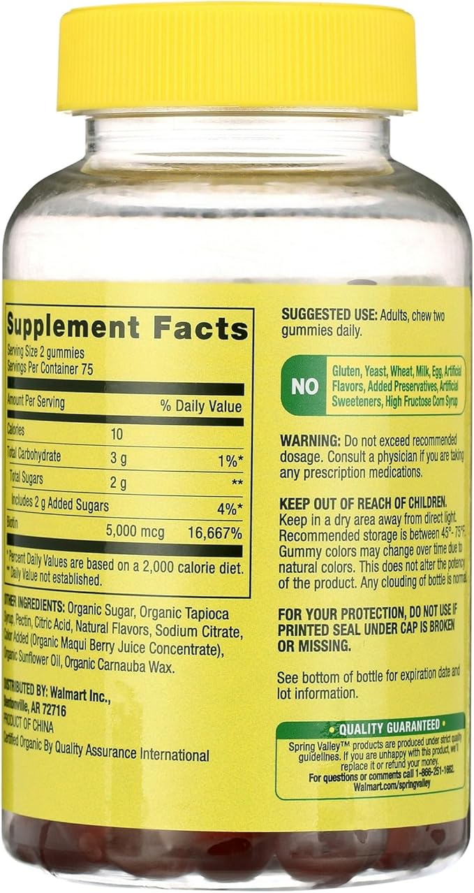 Spring Valley Biotin 5000mcg- Blueberry Flavor, Hair Skin and Nails 150 Gummies (Pack of 1), Set by Basket Goods
