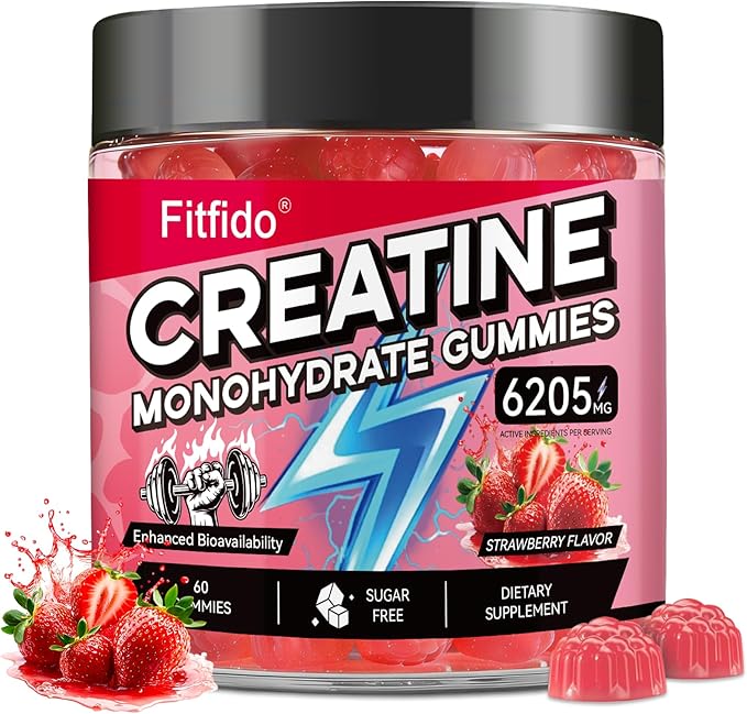 Creatine Monohydrate Gummies for Men & Women - 6205mg per Serving, Containing L-carnitine & Taurine, Post Workout Muscle Recovery, Strength & Energy Boost, Sugar Free & Vegan (60, Strawberry)