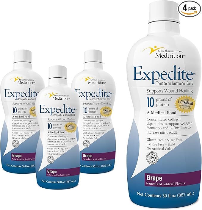 Medtrition Expedite Liquid Collagen, Grape, 30 Fl Oz, Pack of 4 - Nutrition Support for General, Orthopedic & Cosmetic Surgery Recovery