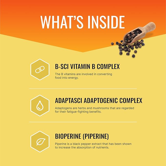Approved Science Energysyl - Caffeine Free - with Adaptogens, B Vitamins, and Bioperine - 1 Month Supply - 60 Capsules - Made in The USA
