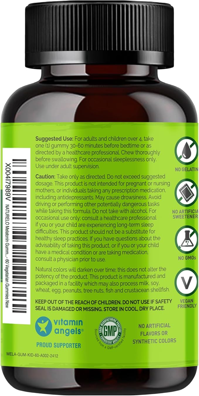 NATURELO Melatonin Gummies for Kids Non-GMO, Gluten-Free, Soy Free - Strawberry Flavor - Gentle Sleep Supplement - 60 Vegetarian Gummies