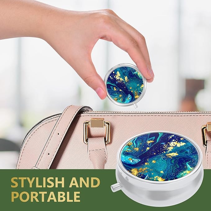 3 Pack Pill Box, Small Pill Case for Purse & Pocket, Cute Medicine Organizer Travel Pillbox, Portable Pill Container Holder to Hold Vitamins, Medication, Fish Oil & Supplements, Teal Ocean Marble