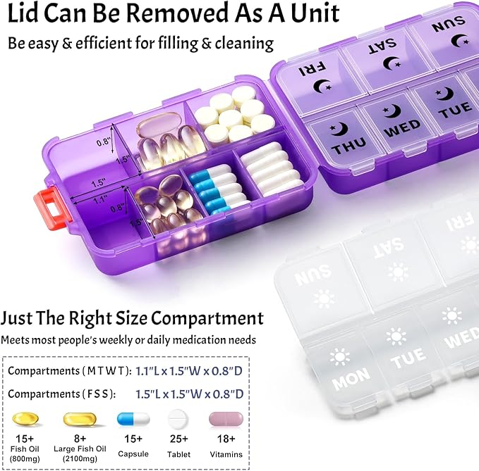 Foldable & Portable Weekly Pill Organizer 2 Times a Day with Clear Printed Labels - 7 Day AM PM Medicine Box, Week Daily Travel Pill Case Holder for Medications, Vitamin, Supplement - Clear Purple