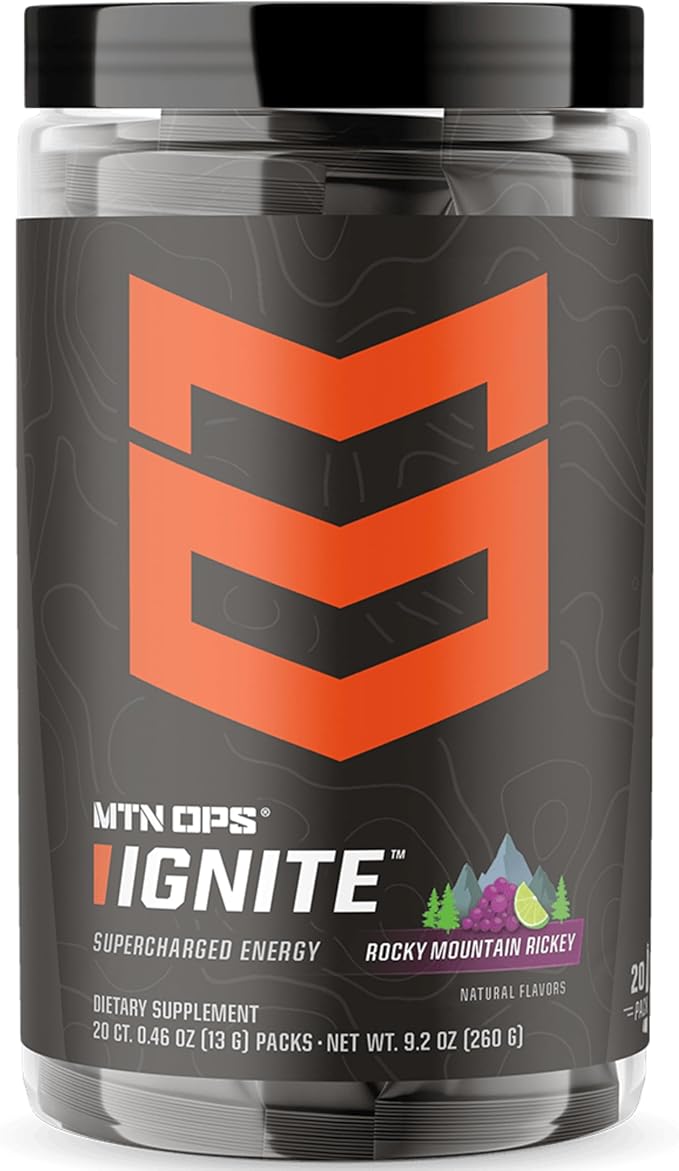 MTN OPS Ignite Sugar Free Energy Drink Powder Trail Packs with 200mg Caffeine, Travel Pre Workout Packets for To-Go Energy, Nootropic Blend, L Arginine & Citrulline, 20 Servings, Rocky Mountain Rickey