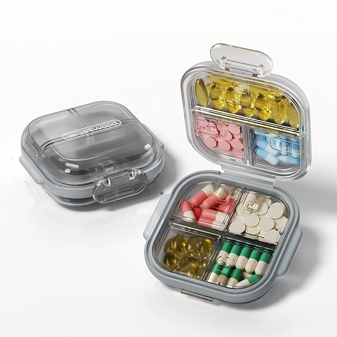 Travel Pill Organizer - Airtight Medicine Case for Traveling Portable Pharmacy Box with Labels Vitamin Container 7 Compartment Supplement Medication Holder Large Capacity Daily (Black)
