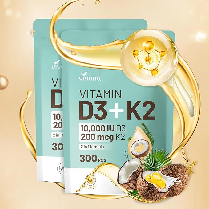 VivoNu Vitamin D3 K2 10000 IU with MK7-300 Virgin Coconut Oil Softgels, 2 in 1 Vitamins D & K Complex | Vitamina D3 con K2 ((2Bag))