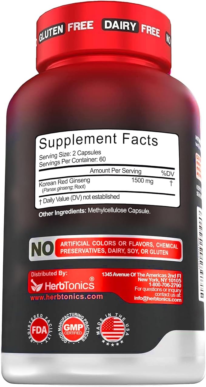 Herbtonics Korean Red Panax Ginseng 1500mg - Energy Supplement for Peak Performance, Focus & Vitality - High Potency Ginseng Root Extract - 120 Vegan Capsules
