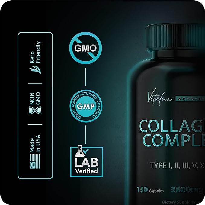 Collagen for Women & Men - Vital Nutrition - Hydrolyzed Collagen Peptides - Multi Collagen Capsules, Keto Friendly, Healthy for Skin, Nails, Bones & Joints, NonGMO- Type I,II,III, V, X - 300 Capsules