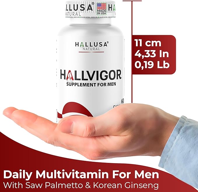 "N/A" HALLVIGOR Men’s Daily Multivitamin – Korean Ginseng, Damiana, Saw Palmetto, Biotin, B Complex, Zinc, Royal Jelly – 60 Capsules – Hallusa Natural