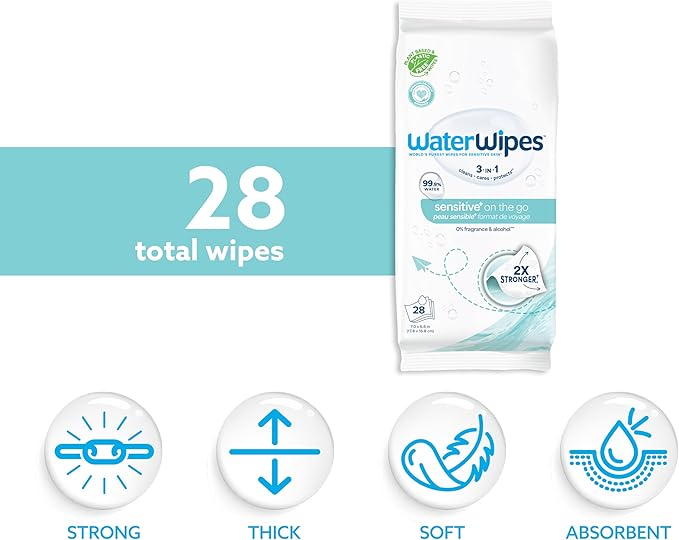 WaterWipes Sensitive+ On The Go Wipes,3-In-1 Cleans,Cares,Protects,99.9% Water,Unscented & Hypoallergenic Wet Wipes,28 Count (Pack of 2)