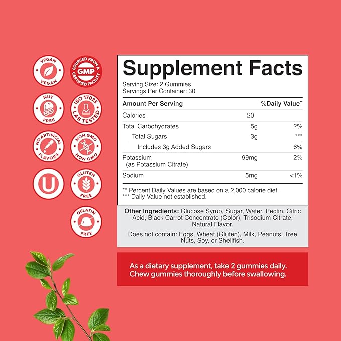 High Potency Potassium Gummies for Adults - Powerful Potassium Supplement Gummies for Optimal Health - Delicious Strawberry-Flavored - Vegan - 60 Count