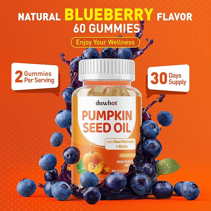 Pumpkin Seed Oil Gummies, Organic Pumpkin Seed Oil Supplements with Saw Palmetto, Biotin for Skin & Hair Growth, Cold Pressed Pumpkin Seed Extract with Stinging Nettle for Prostate Health, Vegan, 60