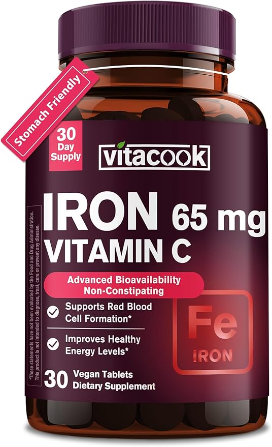 Iron Supplement for Women Men, High Potency Iron 65mg with Vitamin C 250mg, Stomach Friendly Iron Pills for Red Blood Cell & Immune Support, Vegan, Non-GMO & Gluten Free, 30 Tablets