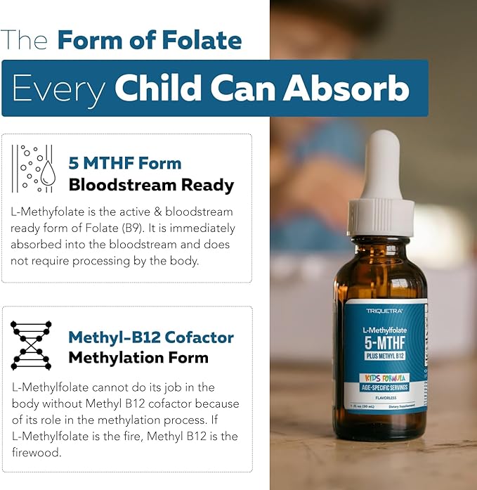 Organic Kids Methylfolate + Methyl B12 Cofactor - Flavorless, Sublingual Form - 5-MTHF Form, Superior Form of Folate - Adjustable Dosing for All Ages - Mood, Behavior, Cognition - 1 oz.