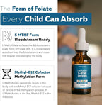 Organic Kids Methylfolate + Methyl B12 Cofactor - Flavorless, Sublingual Form - 5-MTHF Form, Superior Form of Folate - Adjustable Dosing for All Ages - Mood, Behavior, Cognition - 1 oz.