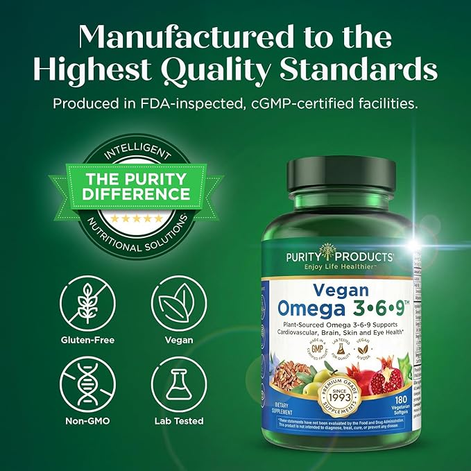 Purity Products Vegan Omega 3 6 9 Formula - “5 in 1” Essential Fatty Acid Complex - Scientifically Formulated Plant-Based Vegan Omega 3-6-9 Essential Fatty Acids (EFA) - 3 Month Supply - 180 Softgels
