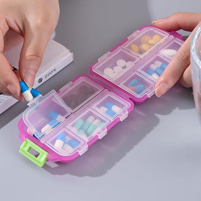 1Pack Travel Pill Organizer - 10 Compartments Pill Case, Compact and Portable Pill Box, Perfect for On-The-Go Storage, Pill Holder for Purse (Pink with 156 Stickers)