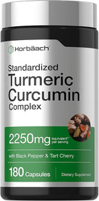Horbäach Turmeric Curcumin Supplement | 180 Capsules | with Black Pepper & Tart Cherry | Non-GMO & Gluten Free