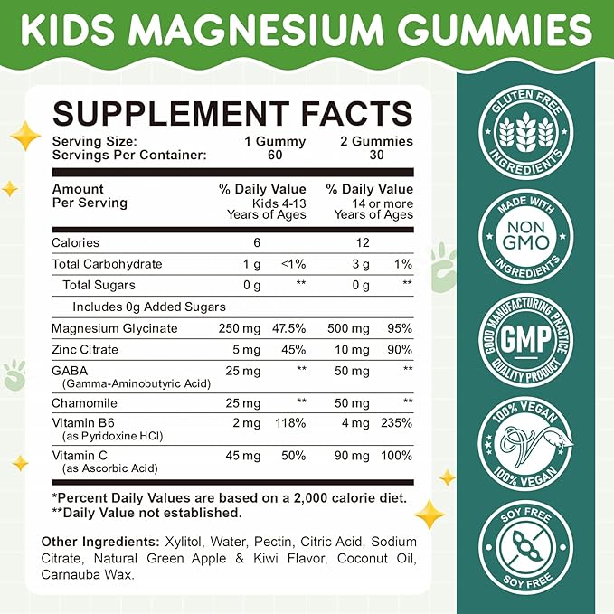 Magnesium Glycinate Gummies for Kids: Calm Magnesium Supplement for Kids & Adults with Zinc Citrate, GABA, Chamomile, Vitamin B6 & C - Sleep, Relaxation & Focus, Green Apple & Kiwi Flavor 60 Count