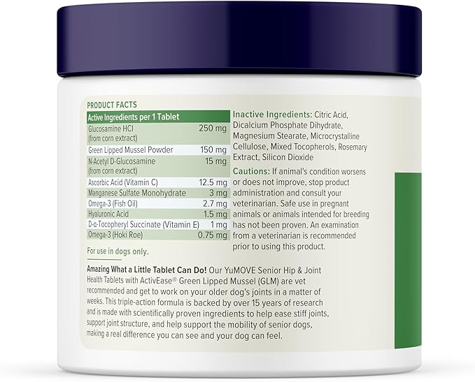 YuMOVE Hip & Joint Supplement for Senior Dogs - with Glucosamine, Omega 3, Hyaluronic Acid, Green Lipped Mussel & Fish Oil for Dogs - Senior Dog Joint Supplement (240ct Chewable Tablets)