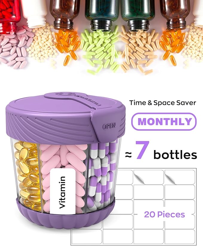 HIONXMGA Cute Pill Dispenser with 7 Large Compartments, Portable Pill Bottle Organizer with Wide Opening for Travel, Anti-Mixing Pill Container, Shatterproof BPA-Free, Includes 20 Pcs Labels, Purple