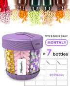 HIONXMGA Cute Pill Dispenser with 7 Large Compartments, Portable Pill Bottle Organizer with Wide Opening for Travel, Anti-Mixing Pill Container, Shatterproof BPA-Free, Includes 20 Pcs Labels, Purple