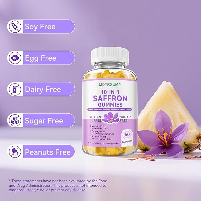 Saffron Gummies for Adult Kids, 10-IN-1 Cortisol Support Supplement with Saffron 88.5mg, Vitamin D3, B6, Magnesium, Zinc, Ashwagandha, L-Theanine, St. John's Wort, For Emotions, Slumber, 60 Count