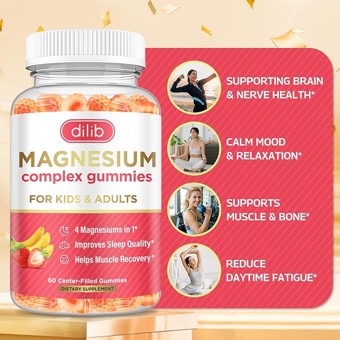 Magnesium Complex Gummies for Kids & Adults- Magnesium Glycinate, Taurate, Citrate, Malate Supplement-Support Calm Stress Relief, Bone, Muscle, Mood Vegan, Banana & Strawberry Flavor, 60 Gummies