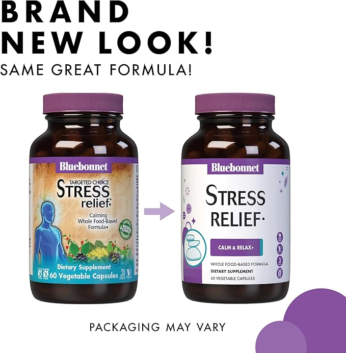 BlueBonnet Targeted Choice Stress Relief Whole Food Based Ashwagandha Extract, L-Theanine, Lemon Balm, Rhodiola Relaxing Calm Mood Supplement for Women & Men - Non-GMO, Vegan - 60 Vegetable Capsules