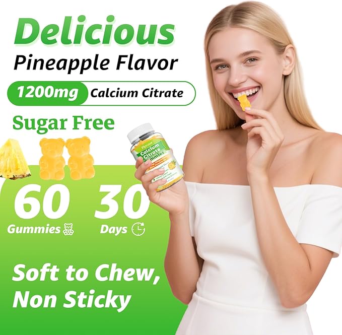 Calcium Citrate Gummies - Chewable Calcium Gummies for Bone, Muscle, Teeth, Immune Support, High Absorption Calcium Supplements for Women & Men Sugar Free Pineapple Flavor 60 Count