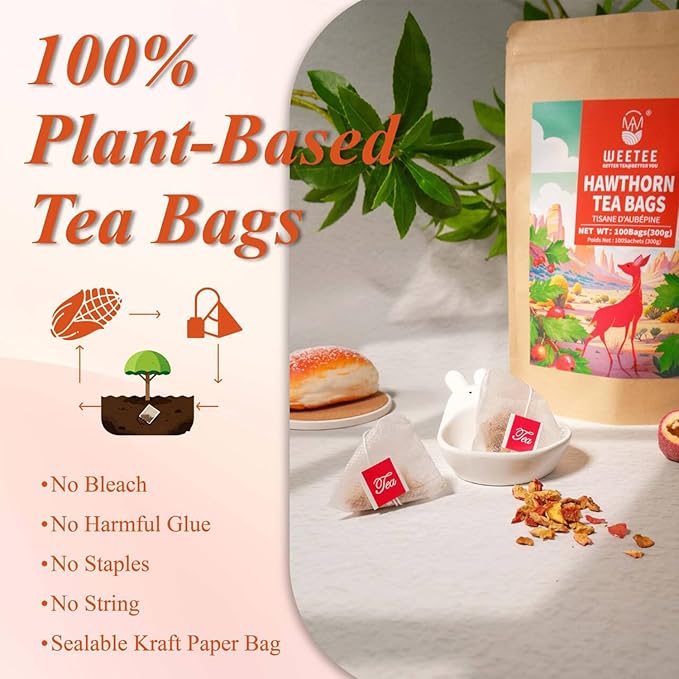 WT WEETEE Hawthorn Berry Tea Bags 100 Count, 100% Hawthorn Fruit, Corn Fiber Pyramid Bags, Antioxidant & Caffeine-Free Herbal Tea