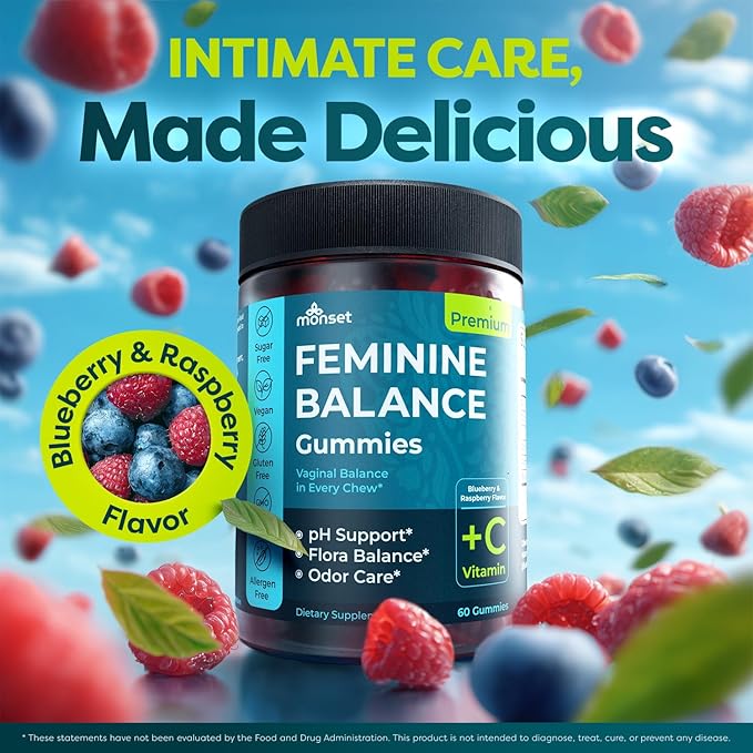 MONSET Feminine Balance Gummies for Women – Vaginal Probiotics for Women pH Balance & Odor Control – 60ct Prebiotics and Probiotics for Womens – Berry Flavor Vaginal Health Supplement