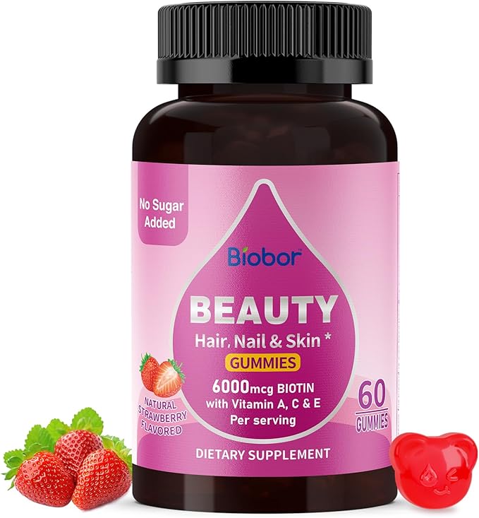 Natural 6000mcg Biotin Gummies No Sugar Added, Hair Skin and Nails Beauty Gummies with Vitamins A C E for Women Men, GMO Free, Gluten Free