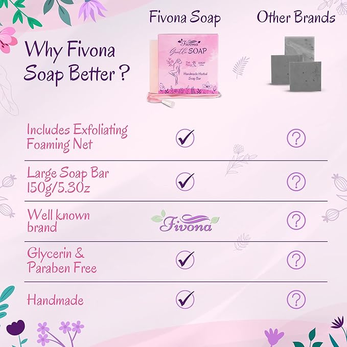 FIVONA Yoni Soap Herbal Bar 5.3oz for Gentle Feminine Intimate Wash and Whole Body All-Natural Handmade Includes Exfoliating Scrubber Foaming Net - Natural Detox and Vagi Cleansing