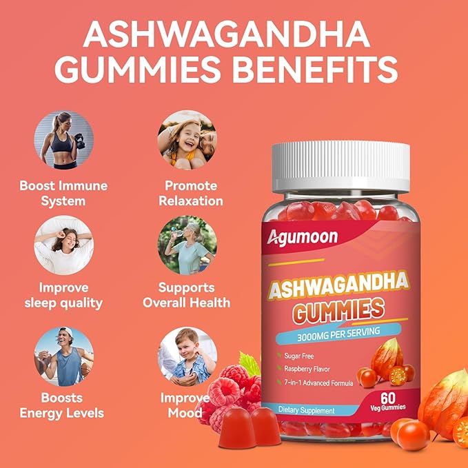 2 Pack Ashwagandha Gummies 3000mg for Stress Relief, Calm & Relaxation Support with Magnesium & Vitamin D, Vegan, Gluten-Free, Natural Raspberry Flavor, 120 Count