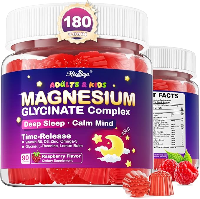 Magnesium Glycinate Gummies for Kids 4+ & Adults, 180 Counts No Melatonin Magnesium Gummies for Sleep & Calm, Sugar Free Vegan with Glycine, L-Theanine, B6, D3, Zinc & Omega 3 - Raspberry Flavor
