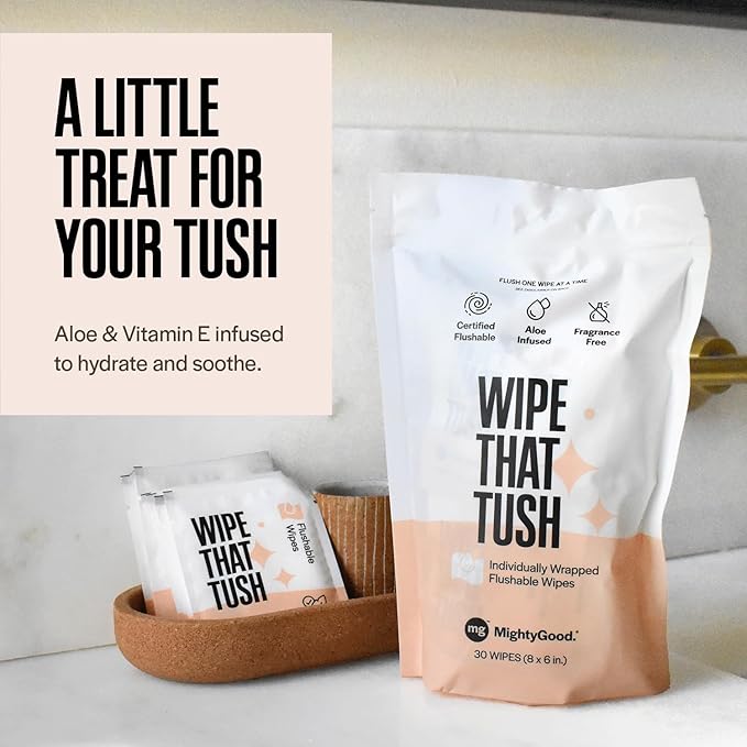 Wipe That Tush On-The-Go Flushable Wipes - 1 Pack of 30 Individually Wrapped Wipes - Fragrance Free - Extra Large & Soft - Hypoallergenic With Aloe & Vitamin E - Septic-Safe